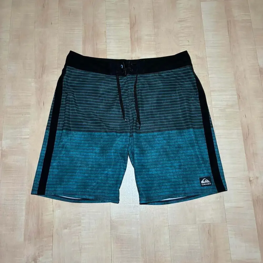 Quiksilver Striped Board Shorts Teal Black Surf Trunks Size 36